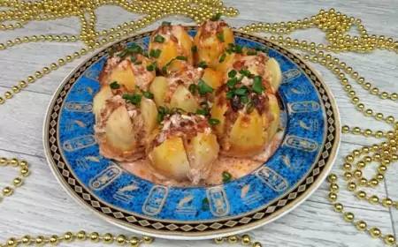 Запечённый в духовке картофель с фаршем и плавленым сыром для новогоднего стола 2025